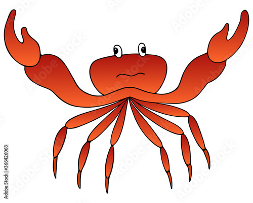 Crab. Marine invertebrate animal with claws of the order of crustaceans. Vector illustration. Isolated white background. A nimble creature with a lot of legs. Cartoon style. Idea for web design, book.