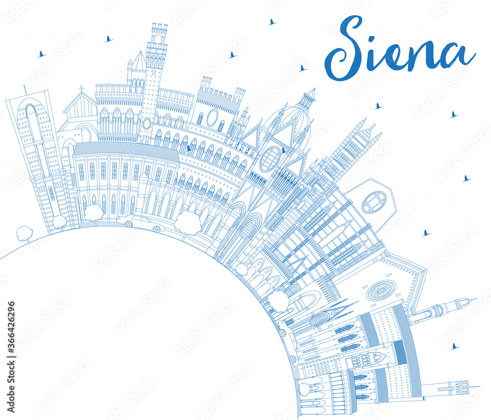 Outline Siena Tuscany Italy City Skyline with Blue Buildings and Copy Space.