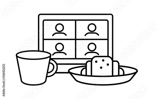 Online meeting friends for breakfast linear icon. Party with cup of tea, coffee, croissant. Teleconference distance education learning. Thin line illustration. Vector isolated outline. Editable stroke