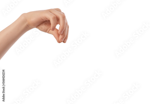 This is a hand holding an object. Hand sprinkles salt, sugar or spices on a white background. photo