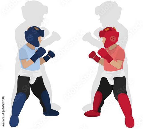 Martial arts. Single combat. Graphic drawing. Duel of two fighters. Red and blue corner.  
