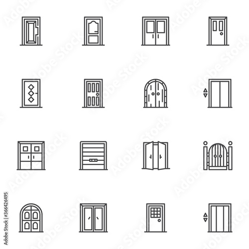 Architectural doors line icons set, outline vector symbol collection, linear style pictogram pack. Signs, logo illustration. Set includes icons as entrance front doors for houses and buildings