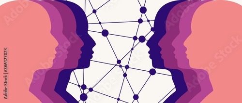 Silhouette of a men head. Human communication. Connected lines with dots background.