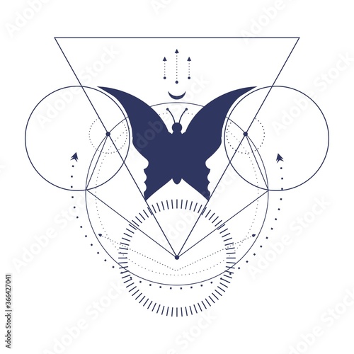 Mystical geometry symbol. Linear alchemy, occult, philosophical sign. Optical illusion. Human head make silhouette of insect