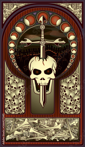 Art nouveau background skull and sword, vector illustration