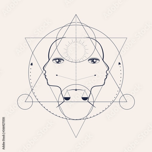 Mystical geometry symbol. Linear alchemy, occult, philosophical sign with face silhouette