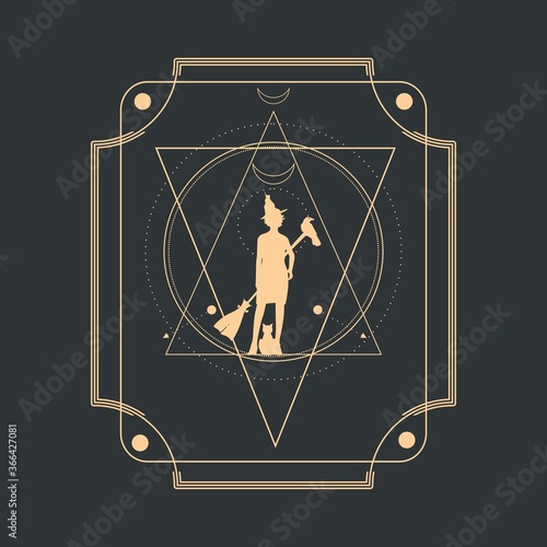 Mystical geometry symbol. Linear alchemy, occult, philosophical sign with silhouette of witch