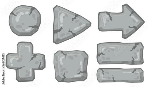 Stone arrows and signs set. Rectangle boards and panels, rubble rock pointers, medical cross, plank tablets. Vector illustration for online game application templates