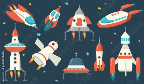 Spaceships and rockets set. Futuristic spacecraft and ufo exploring outer space, flying among stars. Vector illustration for rocketship, galaxy, technology concept