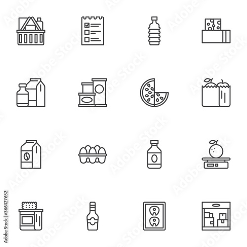 Grocery line icons set, outline vector symbol collection, linear style pictogram pack. Signs, logo illustration. Set includes icons as shopping basket, dairy products, egg, fruit package, water bottle