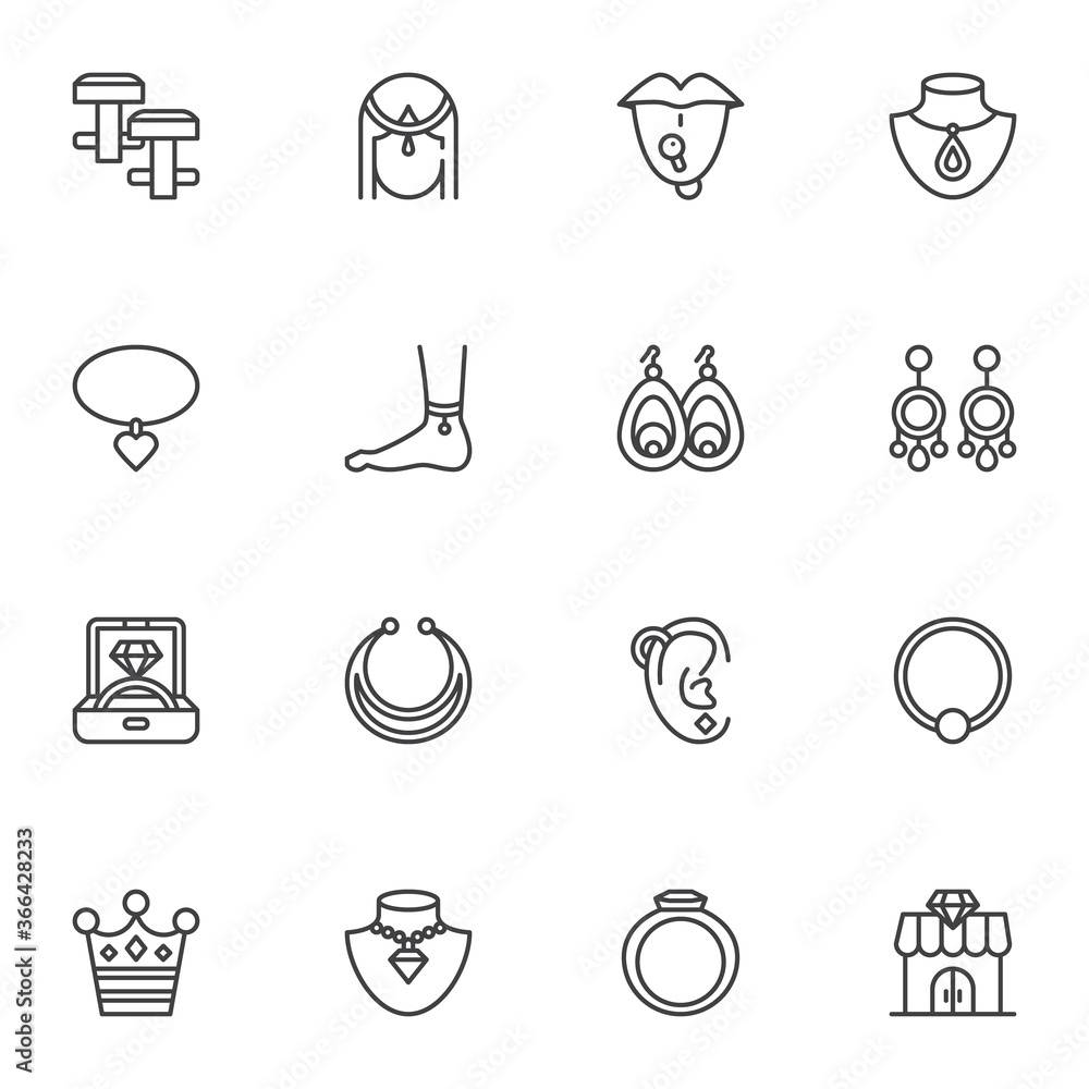 Fashionable jewelry collection, line icons set, outline vector symbol collection, linear style pictogram pack. Signs, logo illustration. Set includes icons as diamond ring, earrings , accessories Fashionable jewelry collection, line icons set, outline vector symbol collection, linear style pictogram pack. Signs, logo illustration. Set includes icons as diamond ring, earrings , accessories
