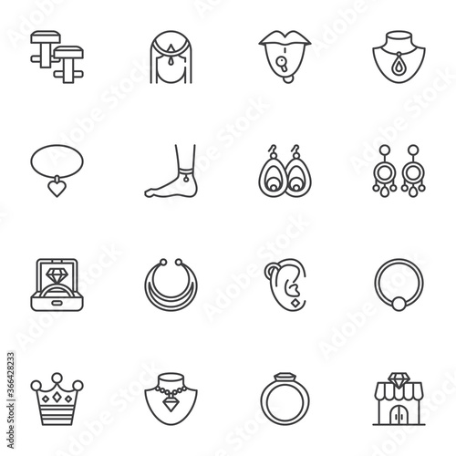 Fashionable jewelry collection, line icons set, outline vector symbol collection, linear style pictogram pack. Signs, logo illustration. Set includes icons as diamond ring, earrings , accessories