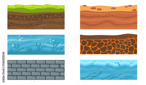 Types of ground set. Dessert sand and clay, ocean water and seaweeds on ground, ice and sea, layers of field grass and soil. Can be used for nature, Earth and landscape, underground texture topics
