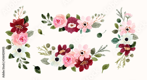 pink red floral arrangement bouquet watercolor collection