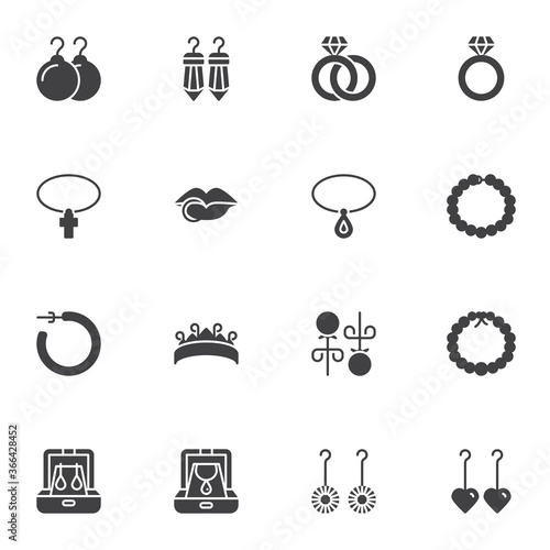 Jewelry collection vector icons set, modern solid symbol collection, filled style pictogram pack. Signs, logo illustration. Set includes icons as earrings, wedding rings, diamond necklace, piercing