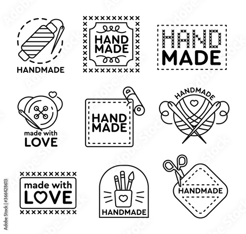 Handmade badges set. Emblems and logos for cross stitching, sewing, knitting theme design. Black vector illustrations on white background