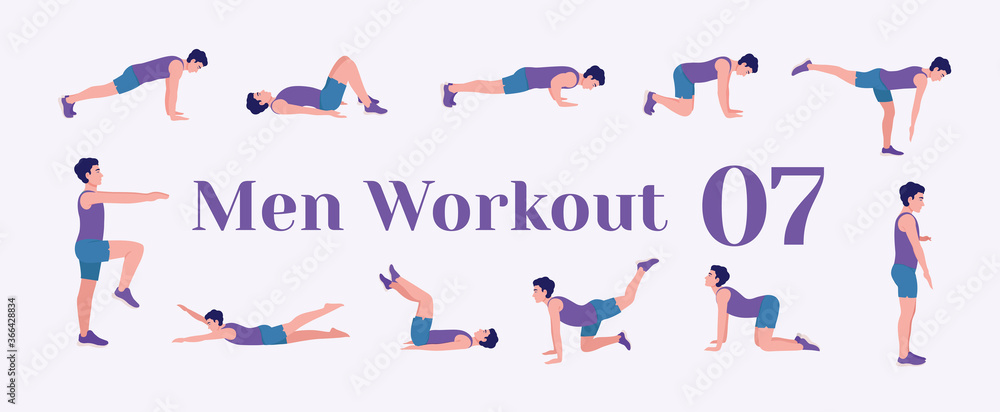 Workout men set. Men doing fitness and yoga exercises. Lunges, Pushups, Squats, Dumbbell rows, Burpees, Side planks, Situps, Glute bridge, Leg Raise, 
Russian Twist, Side Crunch, Mountain Climbers.etc