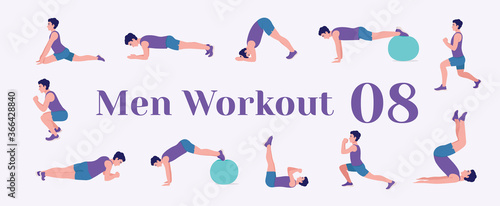 Workout men set. Men doing fitness and yoga exercises. Lunges, Pushups, Squats, Dumbbell rows, Burpees, Side planks, Situps, Glute bridge, Leg Raise, Russian Twist, Side Crunch, Mountain Climbers.etc