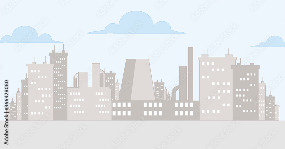 Cityscape vector cartoon outline illustration with sky and clouds. Urban landscape, skyline city, apartment blocks, factories, large modern office buildings. Real estate town concept.
