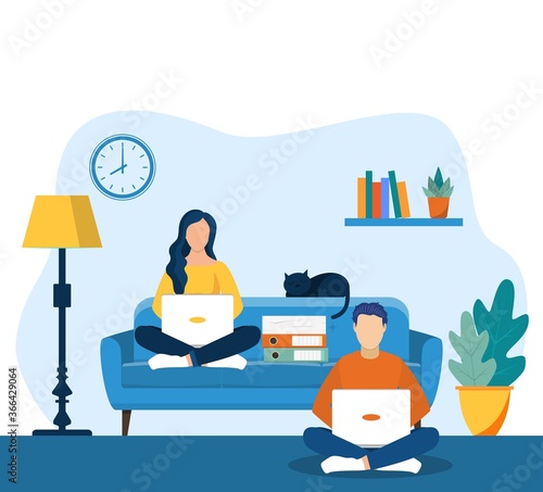 man and womanwith laptop sitting on the sofa and floor. Freelance or studying concept. web page design template for online education, learning, video tutorials. Vector illustration in flat style