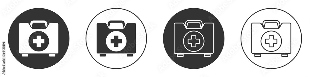 Black First aid kit icon isolated on white background. Medical box with cross. Medical equipment for emergency. Healthcare concept. Circle button. Vector Illustration. Black First aid kit icon isolated on white background. Medical box with cross. Medical equipment for emergency. Healthcare concept. Circle button. Vector Illustration.
