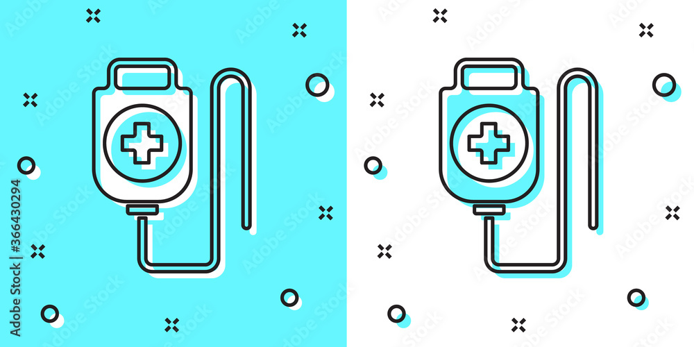 Black line IV bag icon isolated on green and white background. Blood bag. Donate blood concept. The concept of treatment and therapy, chemotherapy. Random dynamic shapes. Vector Illustration. Black line IV bag icon isolated on green and white background. Blood bag. Donate blood concept. The concept of treatment and therapy, chemotherapy. Random dynamic shapes. Vector Illustration.
