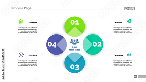 Four circle flowchart slide template. Business data. Graph, diagram, design. Creative concept for infographic, web design. Can be used for topics like management, business development, startup