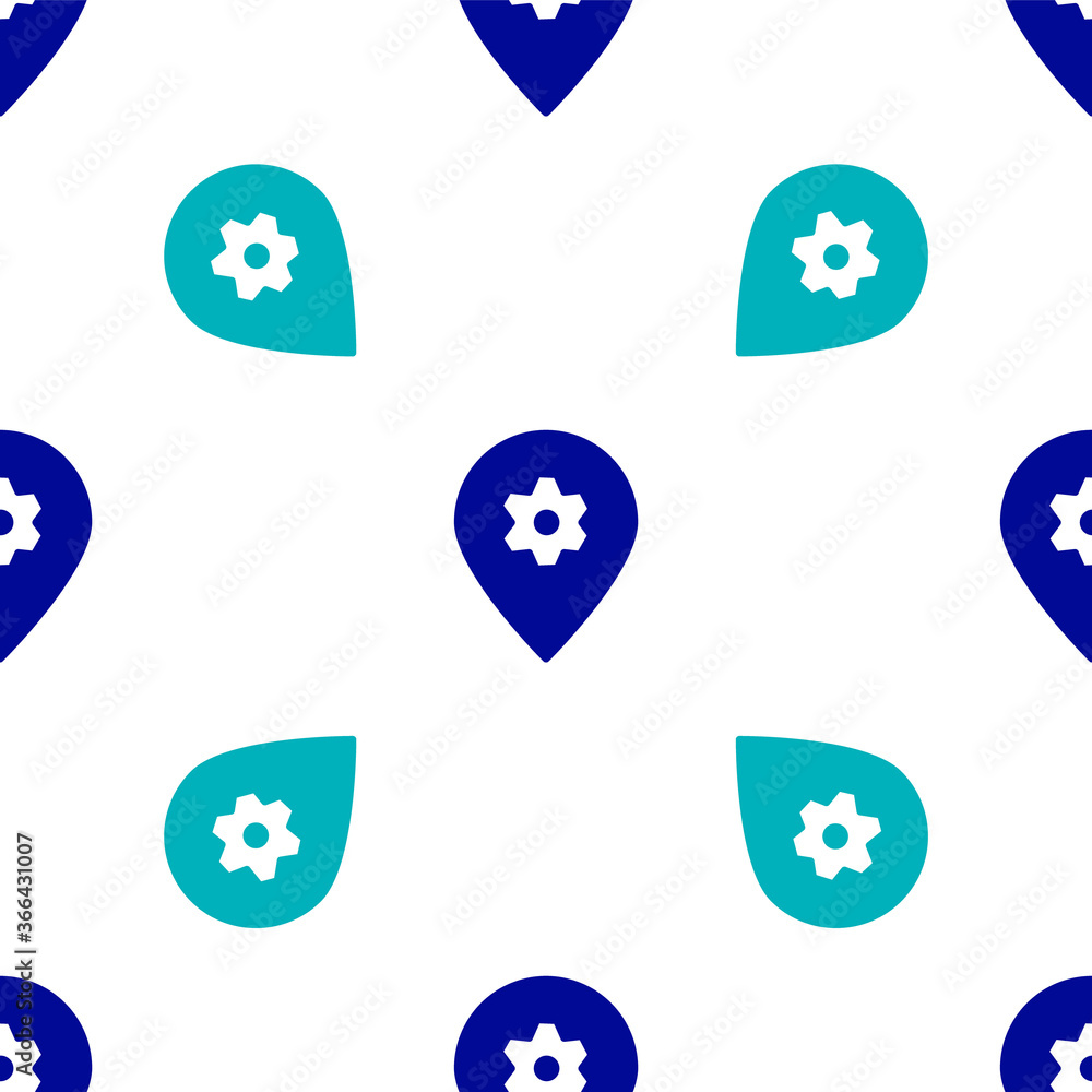 Blue Location with car service icon isolated seamless pattern on white background. Auto mechanic service. Repair service auto mechanic. Vector Illustration.