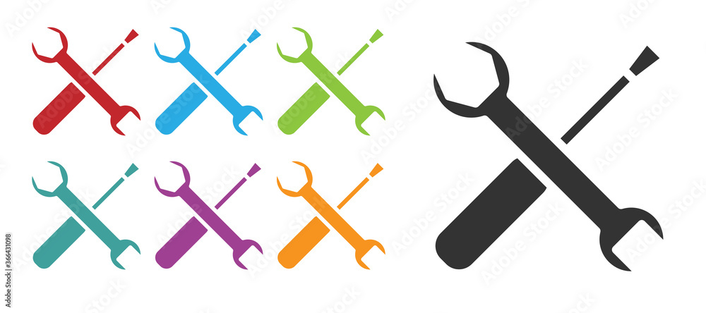 Black Screwdriver and wrench spanner tools icon isolated on white background. Service tool symbol. Set icons colorful. Vector Illustration. Black Screwdriver and wrench spanner tools icon isolated on white background. Service tool symbol. Set icons colorful. Vector Illustration.