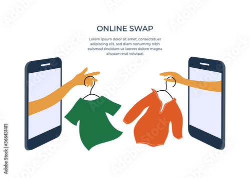 Online swap shop or party. Internet event of exchange old wardrobe for new. Two hands change clothes on hangers through smartphone screen. Mobile app for goods swap. Banner, flyer, vector illustration