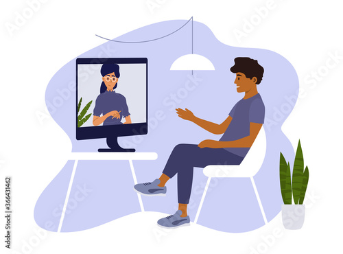 Psychotherapy online session or video call. Sad man sitting on chair at home and talking to female psychologist on computer screen. Psychology internet consultation. Medical care vector illustration