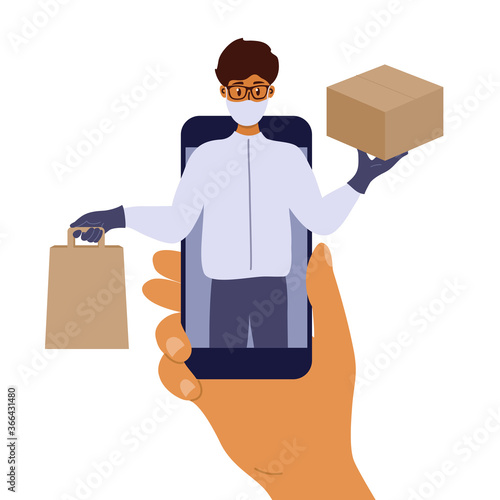 Contactless safe delivery service. Mobile app to order food or goods online. Man in protective face mask and gloves holding box and bag in hands. Delivery guy on smartphone screen. Vector illustration