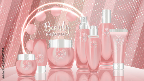 Beauty product ad design, pink cosmetic containers with collagen solution advertising background ready to use, luxury skin care banner, illustration vector.