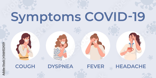 Symptoms of Coronavirus Covid-19 flat illustration with Coronavirus cells background. Young women have a cough, dyspnea, fever, and headache. Flu sickness by Coronavirus vector concept.