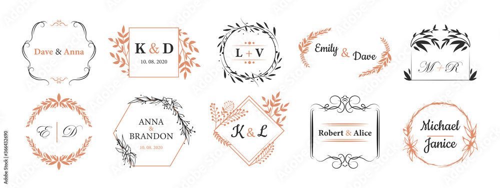 Wedding monograms set. Fancy logos in bohemian style, couple names in wreath like frames for event invitation cards design. For wedding ceremony, love, anniversary concepts - obrazy, fototapety, plakaty 