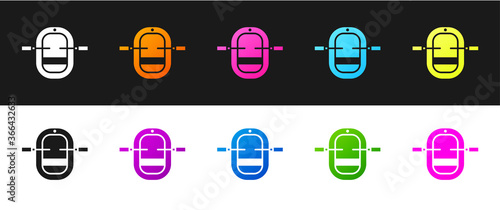 Set Rafting boat icon isolated on black and white background. Inflatable boat with paddles. Water sports, extreme sports, holiday, vacation. Vector Illustration.