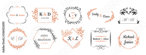 Wedding monograms set. Fancy logos in bohemian style, couple names in wreath like frames for event invitation cards design. For wedding ceremony, love, anniversary concepts
