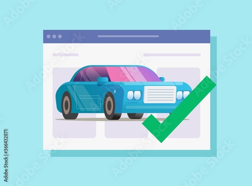 Vehicle online insurance with approved check mark security or internet car automobile protection agreement verified valid vector flat, concept of auto rent or examining text purchase
