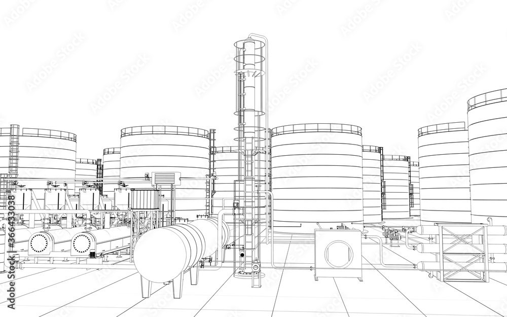 Obraz premium oil refinery, chemical production, waste processing plant, contour visualization, 3D illustration, sketch, outline