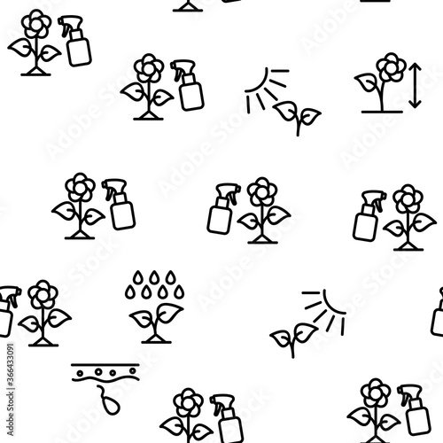 Growing Flowers Plants Vector Seamless Pattern Thin Line Illustration