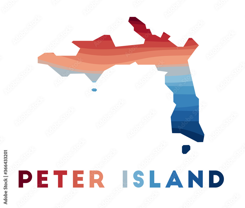 Peter Island map. Map of the island with beautiful geometric waves in red blue colors. Vivid Peter Island shape. Vector illustration.