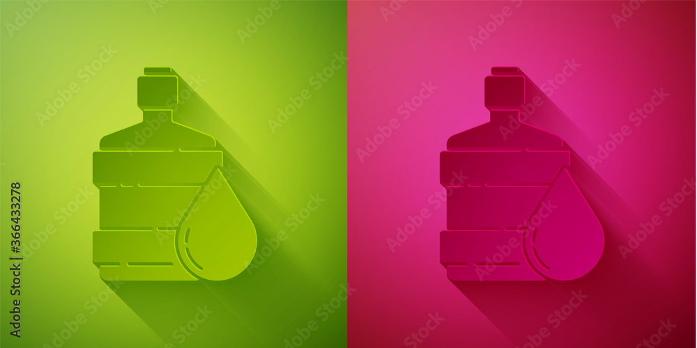 Paper cut Big bottle with clean water icon isolated on green and pink background. Plastic container for the cooler. Paper art style. Vector Illustration. Paper cut Big bottle with clean water icon isolated on green and pink background. Plastic container for the cooler. Paper art style. Vector Illustration.
