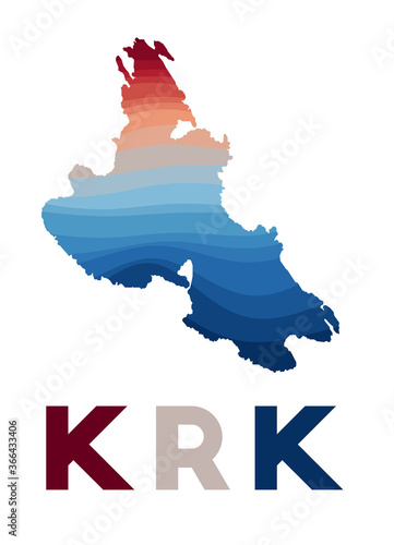Krk map. Map of the island with beautiful geometric waves in red and blue colors. Vivid Krk shape. Vector illustration.