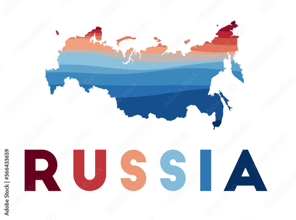 Russia map. Map of the country with beautiful geometric waves in red blue colors. Vivid Russia shape. Vector illustration.