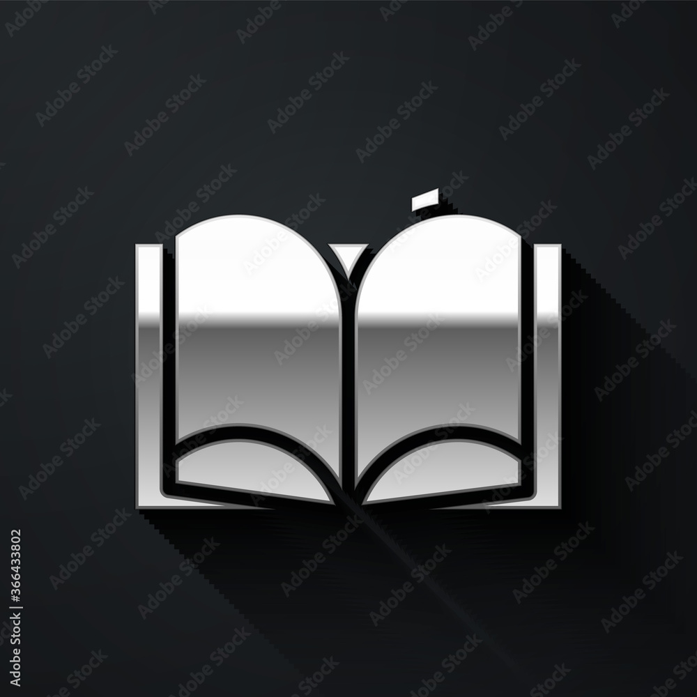 Fototapeta premium Silver Open book icon isolated on black background. Long shadow style. Vector Illustration.