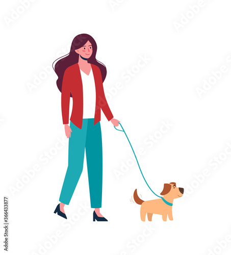 Girl walking with little dog. A woman in casual clothes holding a puppy on a leash. An active walk in the fresh air. Vector in flat style, cartoon character isolated on white