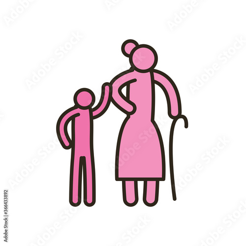 Grandmother with walking stick and grandson line and fill style icon vector design