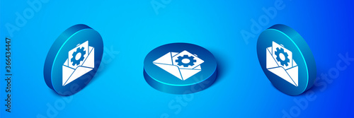 Isometric Envelope setting icon isolated on blue background. Blue circle button. Vector Illustration.