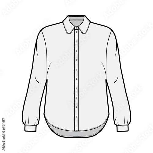 Classic shirt technical fashion illustration with button down front opening, round collar, long sleeves with cuff, oversized body. Flat apparel template front grey color. Women, men unisex CAD mockup