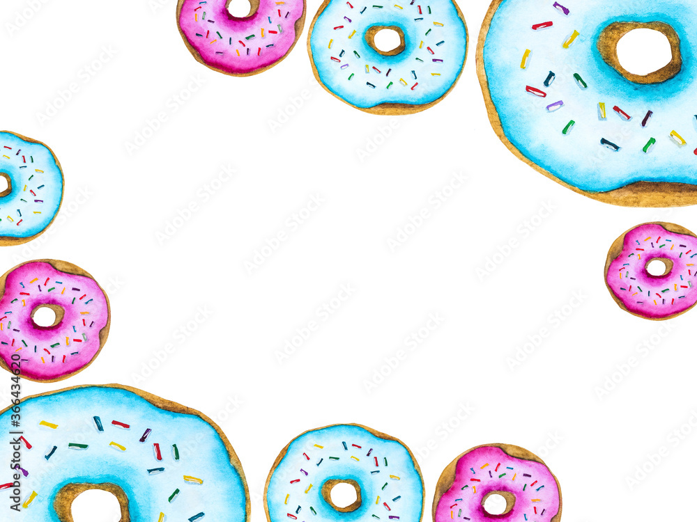 Bright picture with the image of drawn doughnuts. Close-up, view from above, no people. Watercolor paint Bright picture with the image of drawn doughnuts. Close-up, view from above, no people. Watercolor paint